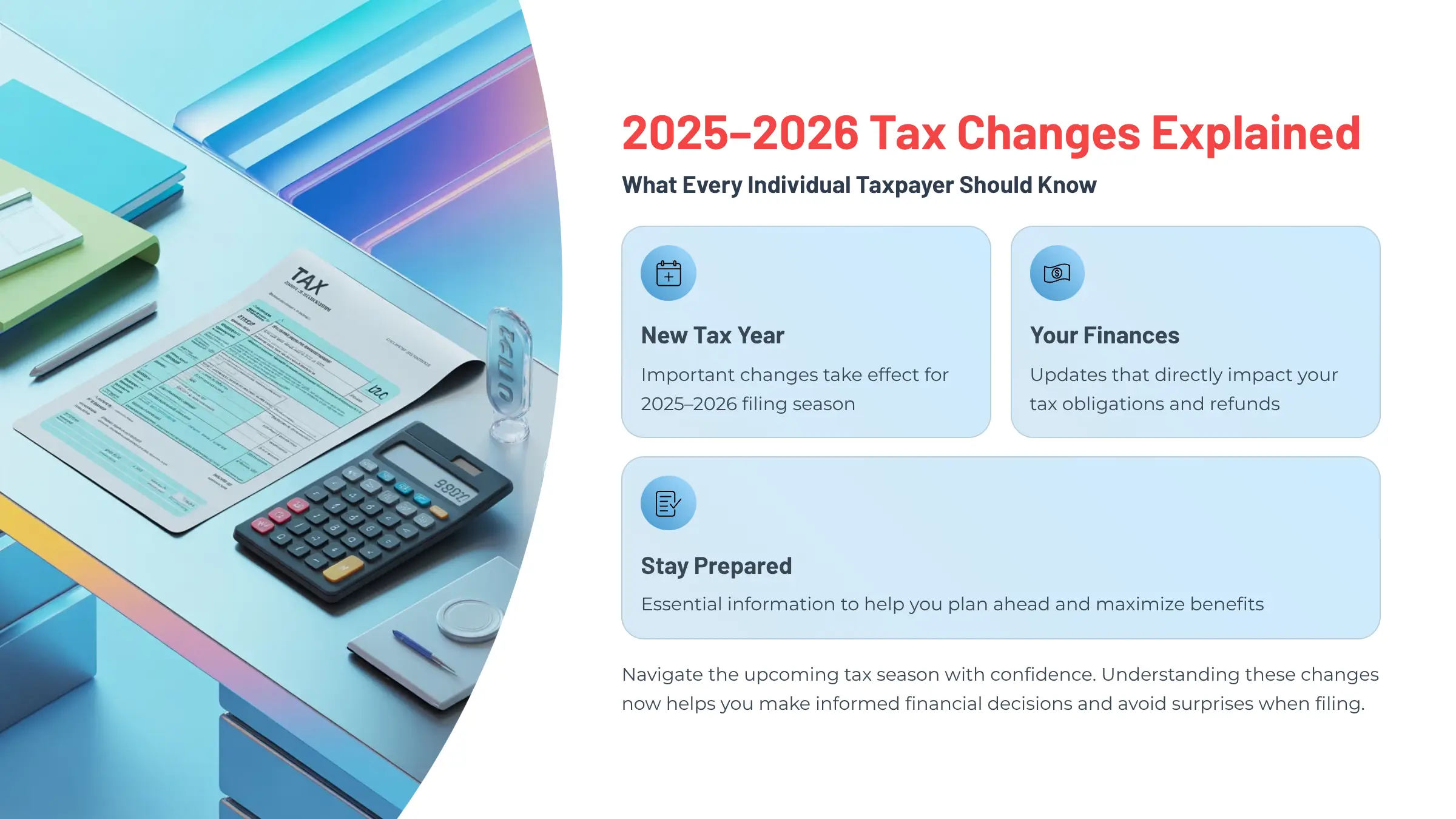 2025–2026 세법 변경 요약 — 새 세금 연도, 재정 변화, 준비 전략을 설명하는 EA Tax Guide 인포그래픽