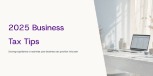 2025 Business Tax Tips – Strategic guidance to optimize your business tax position, featuring a bright modern office desk with a laptop, calculator, and coffee mug