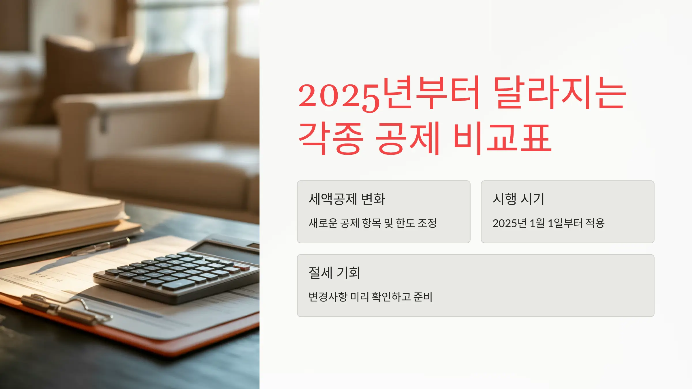 2025년부터 달라지는 세액공제 변화와 시행 시기를 안내하는 비교표 — EA Tax Guide 절세 가이드용 인포그래픽