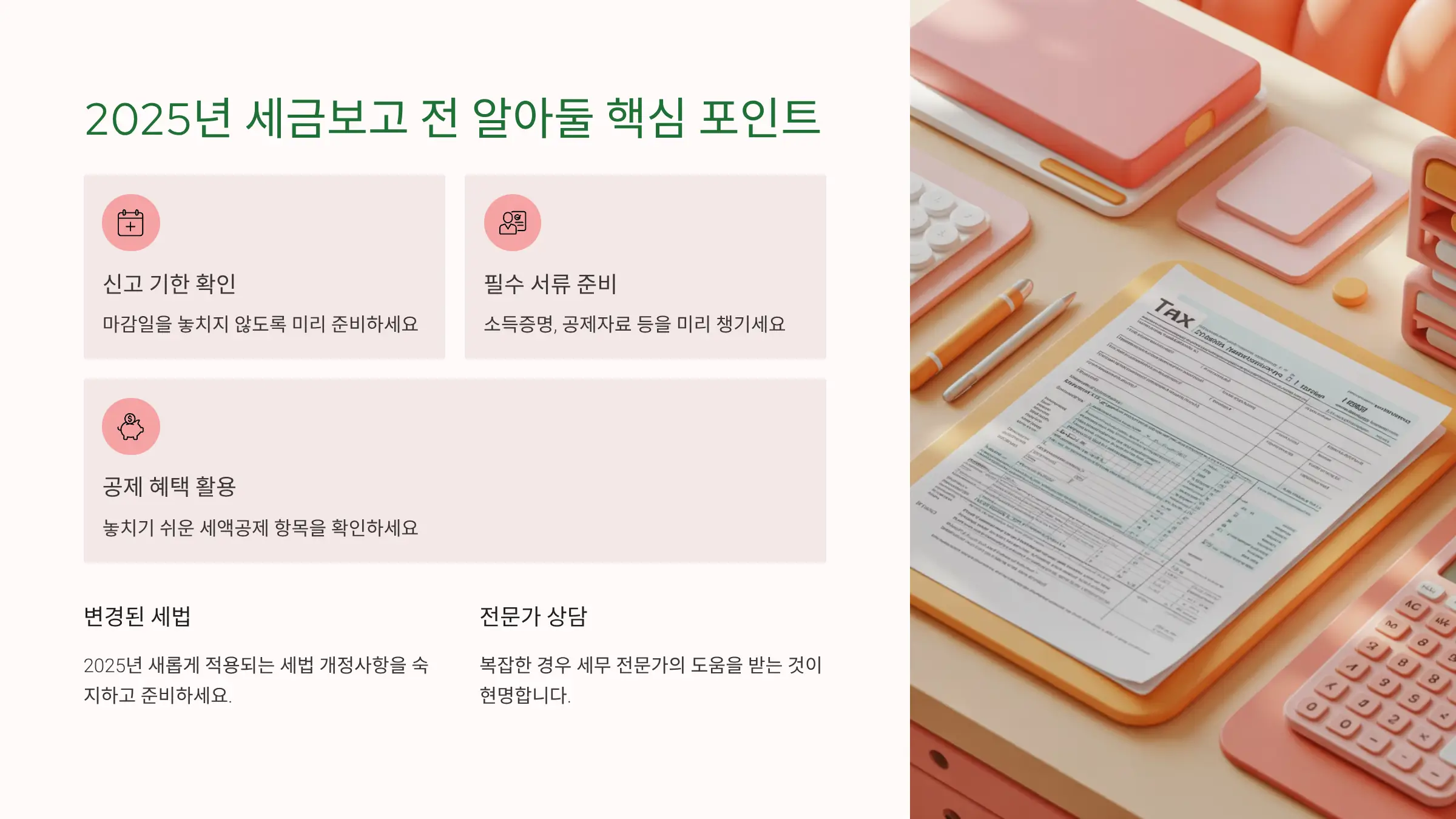 2025년 세금보고 전 꼭 알아둘 핵심 포인트 — 신고 기한, 서류 준비, 공제 활용, 전문가 상담까지 EA Tax Guide가 안내하는 인포그래픽