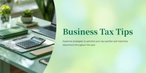 Modern green office desk with calculator, laptop, and notebooks — representing Business Tax Tips for 2025 to optimize tax positions and maximize deductions