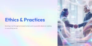 Two professionals shaking hands in a bright office, symbolizing ethical business practices and trust-building