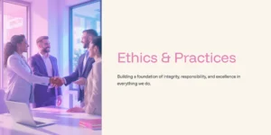 Professionals shaking hands in a bright modern office, symbolizing ethics, integrity, and professional responsibility