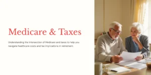 Senior couple reviewing Medicare and tax documents together at home, understanding healthcare costs and retirement tax planning.