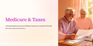 Senior couple reviewing Medicare and tax documents together in warm sunlight, symbolizing retirement financial planning.