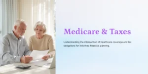 Senior couple reviewing Medicare and tax documents together at home for financial planning.
