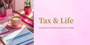 Cozy pink desk with coffee cup, tax documents, and stationery — representing the Tax & Life series about balancing everyday living with smart tax strategies for 2025