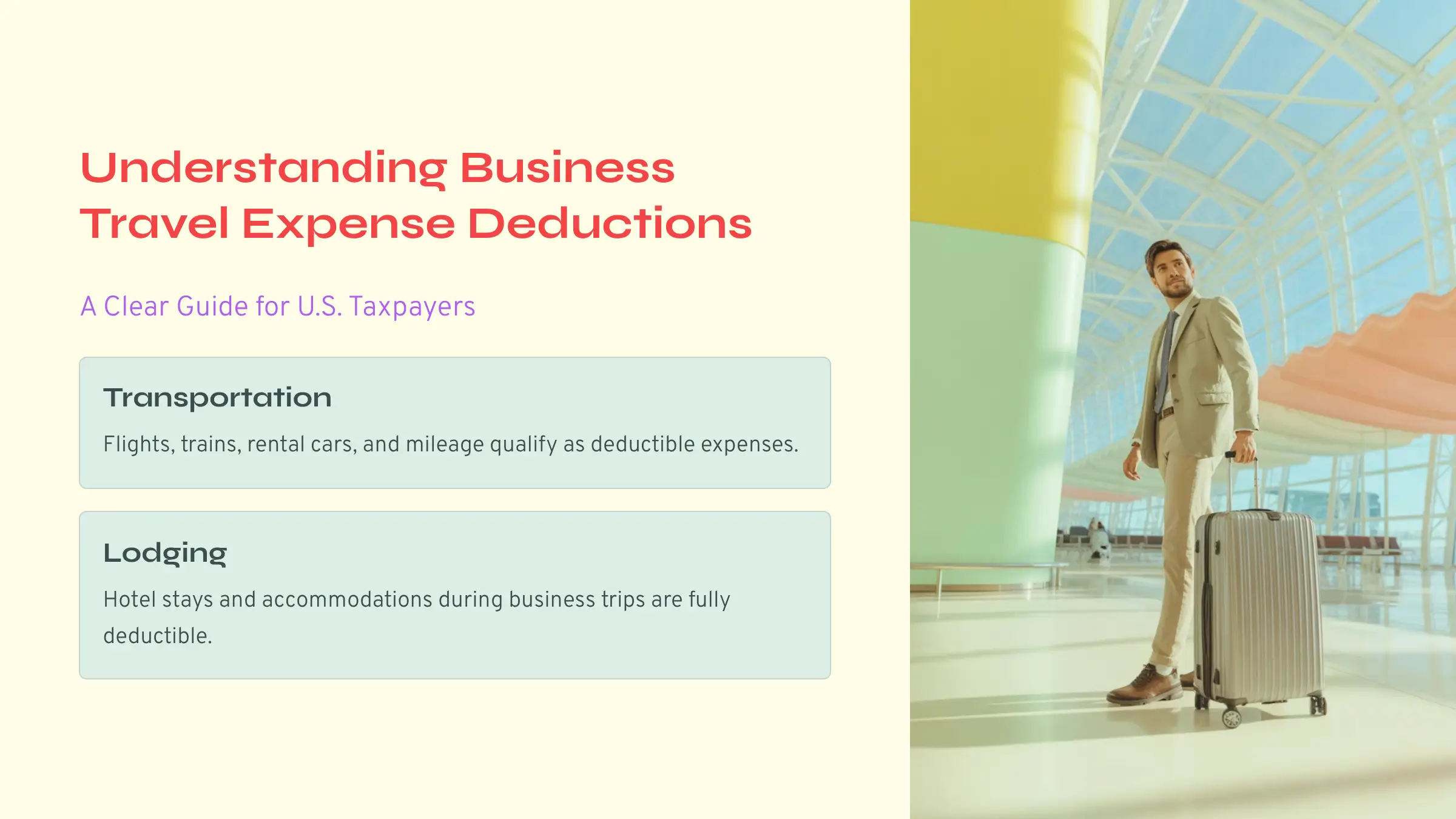 EA Tax Guide explaining 2025 U.S. business travel expense deductions — airplane, hotel, meal, and tax home illustration