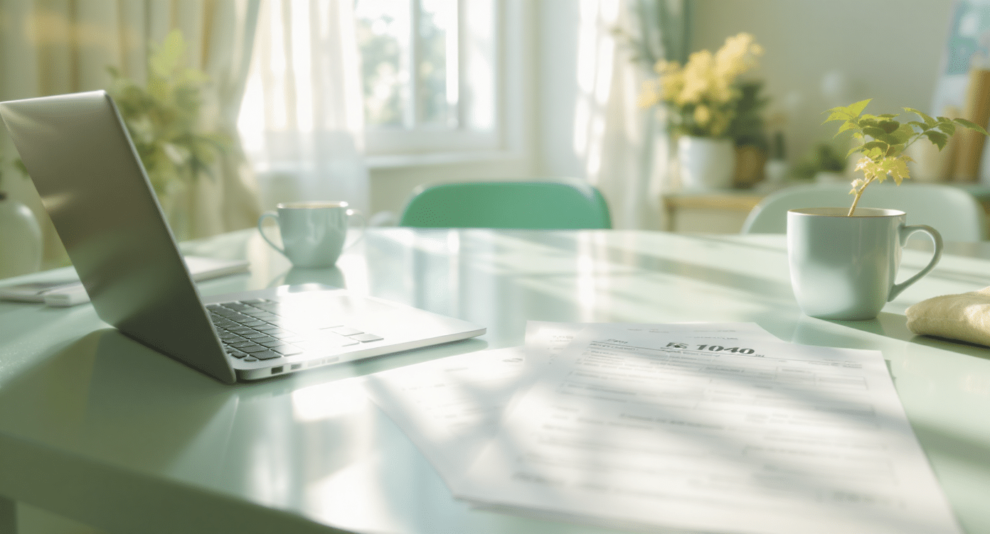 EA Tax Guide workspace with laptop, IRS Form 1040, and mint coffee mug — symbolizing trust and transparency for Privacy Policy and Disclaimer