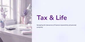 Mint Breeze styled Tax & Life banner with a pastel lavender home office desk and flowers by the window.