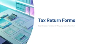 “Tax return forms, calculator, and stationery neatly arranged on a white desk under mint lighting — symbolizing annual tax preparation.”