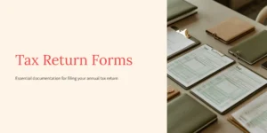 Tax return forms neatly arranged on a desk with green and beige folders, representing essential documents for filing annual taxes.
