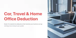 밝은 현대식 사무실 책상 위에 자동차 키와 서류가 놓여 있는 이미지. "Car, Travel & Home Office Deduction"이라는 제목으로 차량, 여행, 재택 근무 사무실 공제에 대한 내용을 다룹니다.