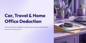 보라색 계열의 배경과 책상 위에 라벤더 꽃병, 나선형 노트, 자동차 키가 놓여 있는 이미지. "Car, Travel & Home Office Deduction"이라는 제목으로 강력한 세금 절감 전략을 강조합니다.