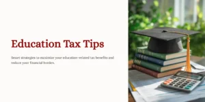 창가에서 빛이 들어오는 배경에 졸업 모자, 책, 그리고 계산기가 보이는 교육 세금 관련 자료 화면입니다.