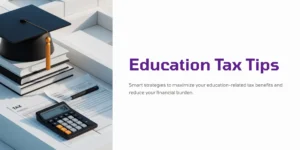 졸업모자, 책, 계산기가 놓인 책상. 제목: Education Tax Tips.