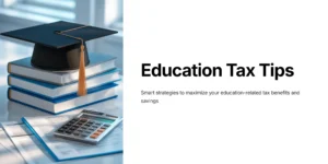 부드러운 색상의 배경 앞에서 졸업 모자, 책, 펜, 계산기가 세금 서류 위에 놓여 있는 교육 세금 팁 이미지입니다.