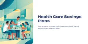 Mint-tone illustrated family sitting around a kitchen table reviewing health care savings plan documents, with soft sunlight and modern home interior.”