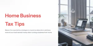 A cozy pastel-colored home office setup with a laptop, books, and plants, used as a cover image for ‘Home Business Tax Tips’ about maximizing deductions and reducing tax liability for home-based businesses.