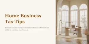 A cozy pastel-colored home office setup with a laptop, books, and plants, used as a cover image for ‘Home Business Tax Tips’ about maximizing deductions and reducing tax liability for home-based businesses.