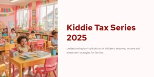 밝은 교실에서 장난감을 가지고 노는 아이들. 제목: Kiddie Tax Series 2025.