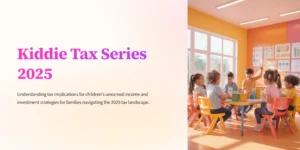 교실에서 웃고 있는 아이들과 테이블 위의 장난감 돈. 제목: Kiddie Tax Series 2025.