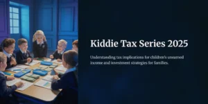 어두운 교실에서 장난감 돈을 가지고 노는 아이들. 제목: Kiddie Tax Series 2025.