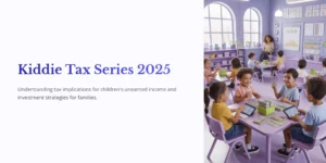 교실 테이블에 앉아 장난감 돈을 만지는 아이들. 제목: Kiddie Tax Series 2025.