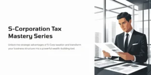 “Business executive in a suit analyzing S-Corporation financial charts and tax forms in a high-rise office — illustration for S-Corporation Tax Mastery Series.”