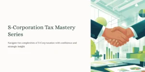 "Two business professionals shaking hands in an office with charts and graphs symbolizing S-Corporation tax strategies and business planning."