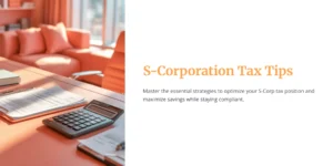 A clean office desk with tax documents and a calculator, representing 2025 S-Corporation tax tips and compliance strategies