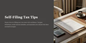 “책상 위에 세금 서류, 계산기, 노트북, 커피잔이 놓여 있는 고급스러운 홈 오피스 공간. 왼쪽에는 ‘Self-Filing Tax Tips’ 제목과 자기 신고 세금 팁 소개 문구가 있는 다크 톤 배너가 보이는 이미지.”