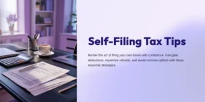 "Cozy evening desk setup with tax forms, laptop, calculator, and a cup of coffee — self-filing tax tips scene with soft purple lighting"