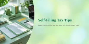 "Mint-green home office desk with tax documents, calculator, laptop, and plants — clean and calm workspace for self-filing tax preparation"