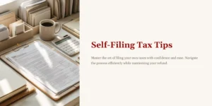 “Minimal beige desk setup with tax documents, calculator, and coffee cup — symbolizing efficient and confident self-filing of taxes.”