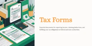 “Illustrated desk with tax forms, calculator, folders, and financial documents — Tax Forms banner for income reporting and deductions.”