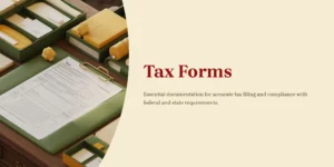 “Organized green desk setup featuring a tax form on a clipboard, stationery trays, notebooks, and office accessories in yellow and green tones.”