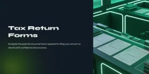 “Futuristic neon-lit workspace displaying organized tax return forms on a modern digital desk.”