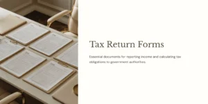“Neatly arranged tax return forms on beige clipboards in an elegant professional office setting.”