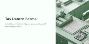 세금 환급 양식과 계산기가 있는 녹색 책상.