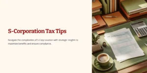 A warm-toned workspace with tax forms, a calculator, and a coffee cup, illustrating key S-Corporation tax-saving strategies for 2025
