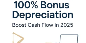 Thumbnail image with the text “100% Bonus Depreciation – Boost Cash Flow in 2025” featuring illustrations of business equipment such as a truck, excavator, computer, and safety helmet.