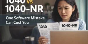 1040 vs 1040-NR tax return comparison showing how using general tax software can cause costly filing mistakes for nonresident aliens