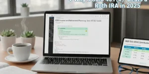 "A professional office desk with a laptop showing a Solo 401(k) retirement plan guide for 1099 independent contractors in 2025."