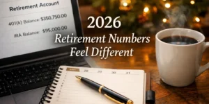 Year-end retirement planning scene showing 401(k) and IRA balances with the text “2026 Retirement Numbers Feel Different”