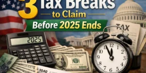 Three tax breaks to claim before the end of 2025 shown with US money and tax documents