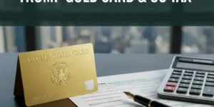 A luxury gold card with a professional calculator and tax forms on a dark wood desk, representing the US Gold Card program and tax residency reporting requirements."