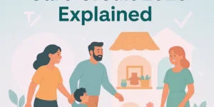 “Family walking a child into a daycare building, greeted by a caregiver. Soft mint background with bold text ‘Child & Dependent Care Credit 2025 Explained,’ including tax-related icons and a calculator.”