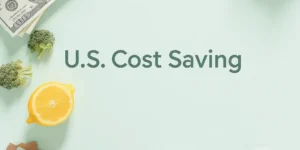 “Mint breeze style flatlay with grocery items, dollar bills, lemons, herbs, receipt and calculator representing U.S. cost saving tips”