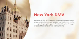 New York DMV guide cover featuring historic government building with warm golden lighting